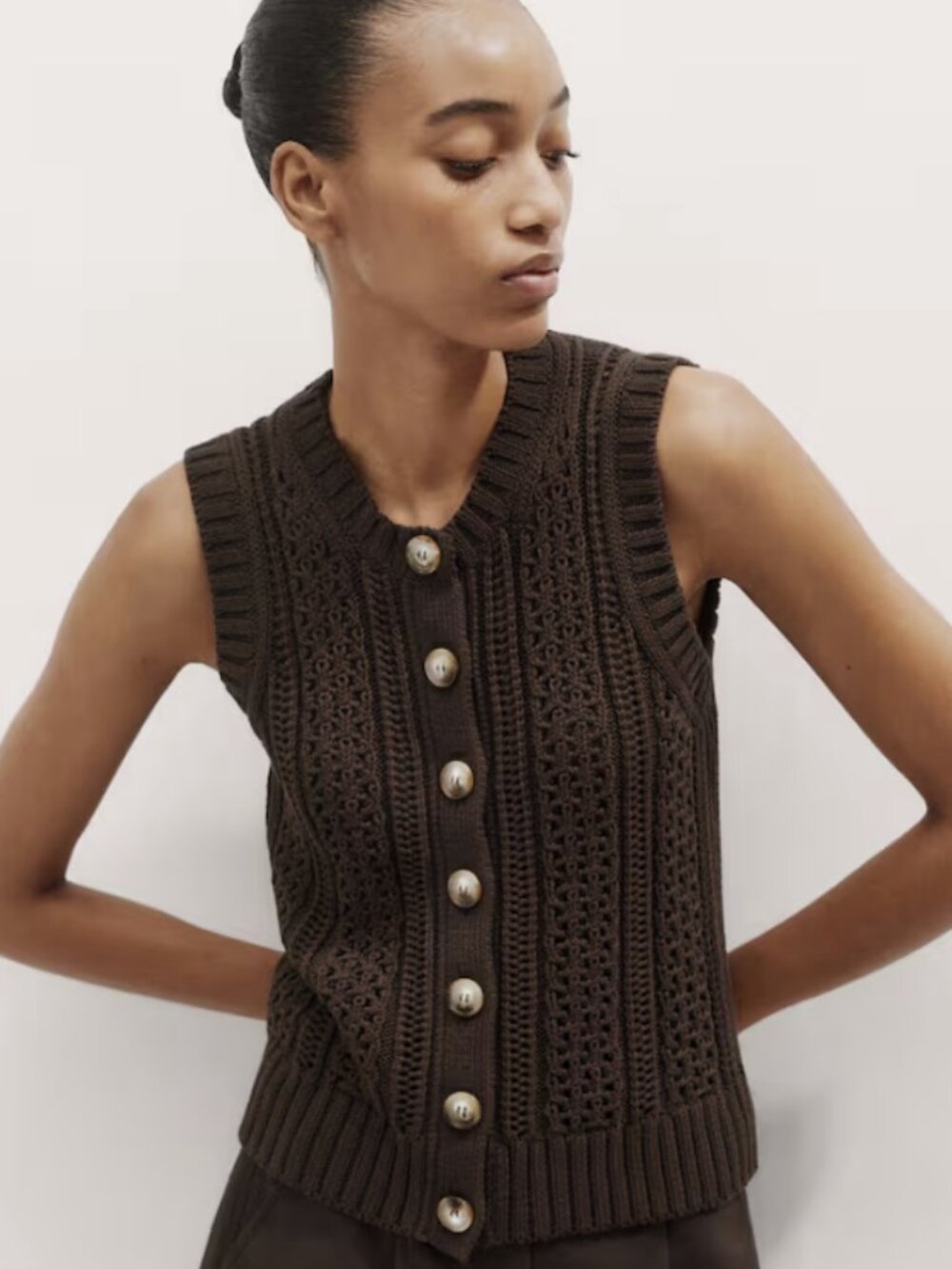 ME+EM Cotton Open Stitch Sweater Vest, Chocolate Brown, Size M